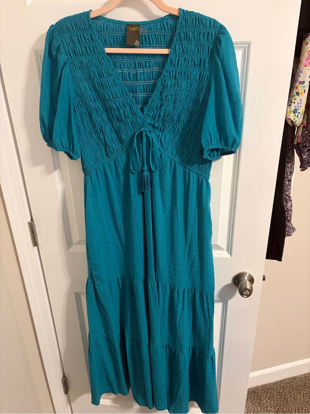 Taylor Teal Tiered Smocked V-Neck Maxi Dress
